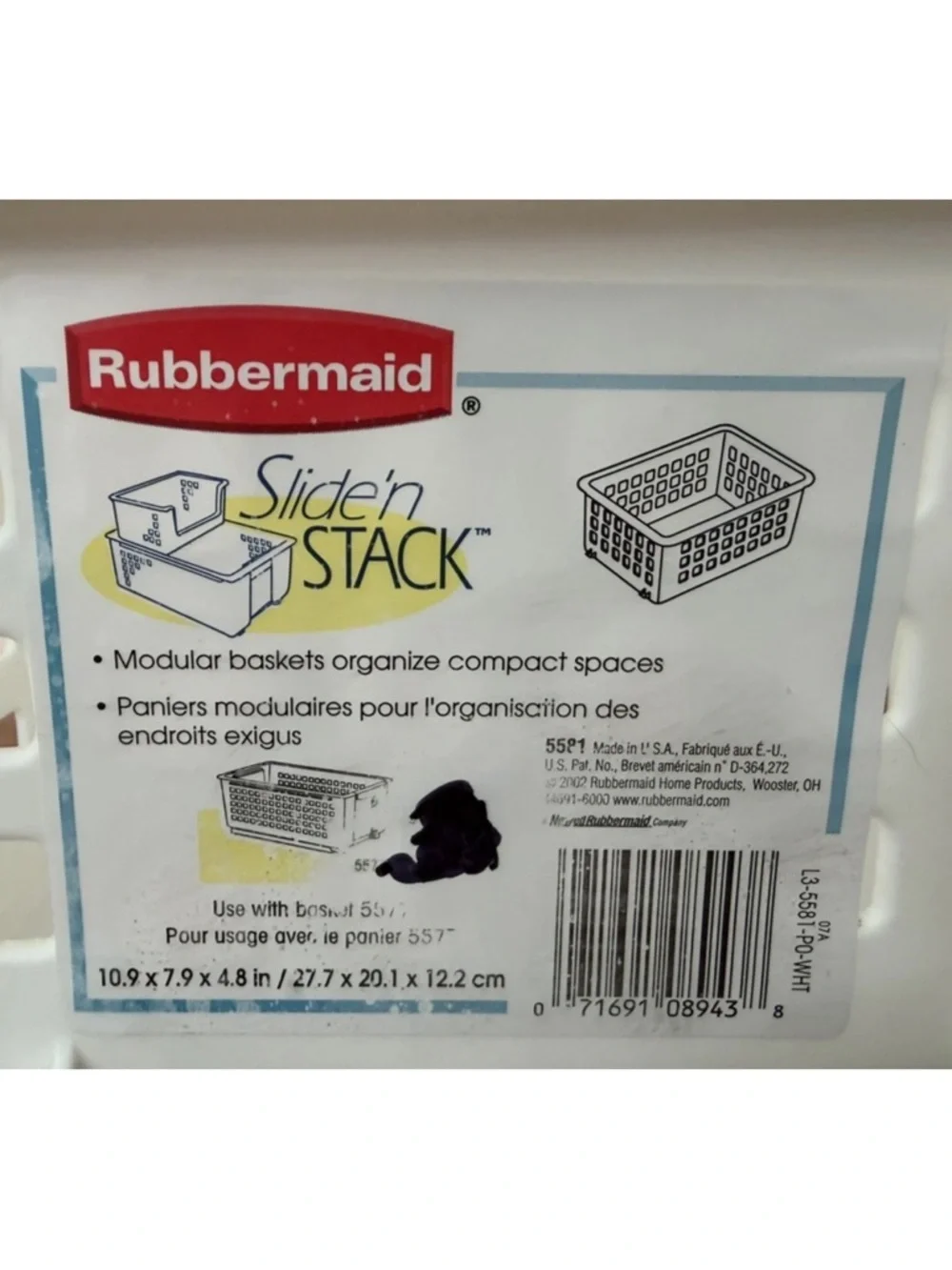 Rubbermaid Slide N Stack Bin #5581 White Storage Basket Plastic